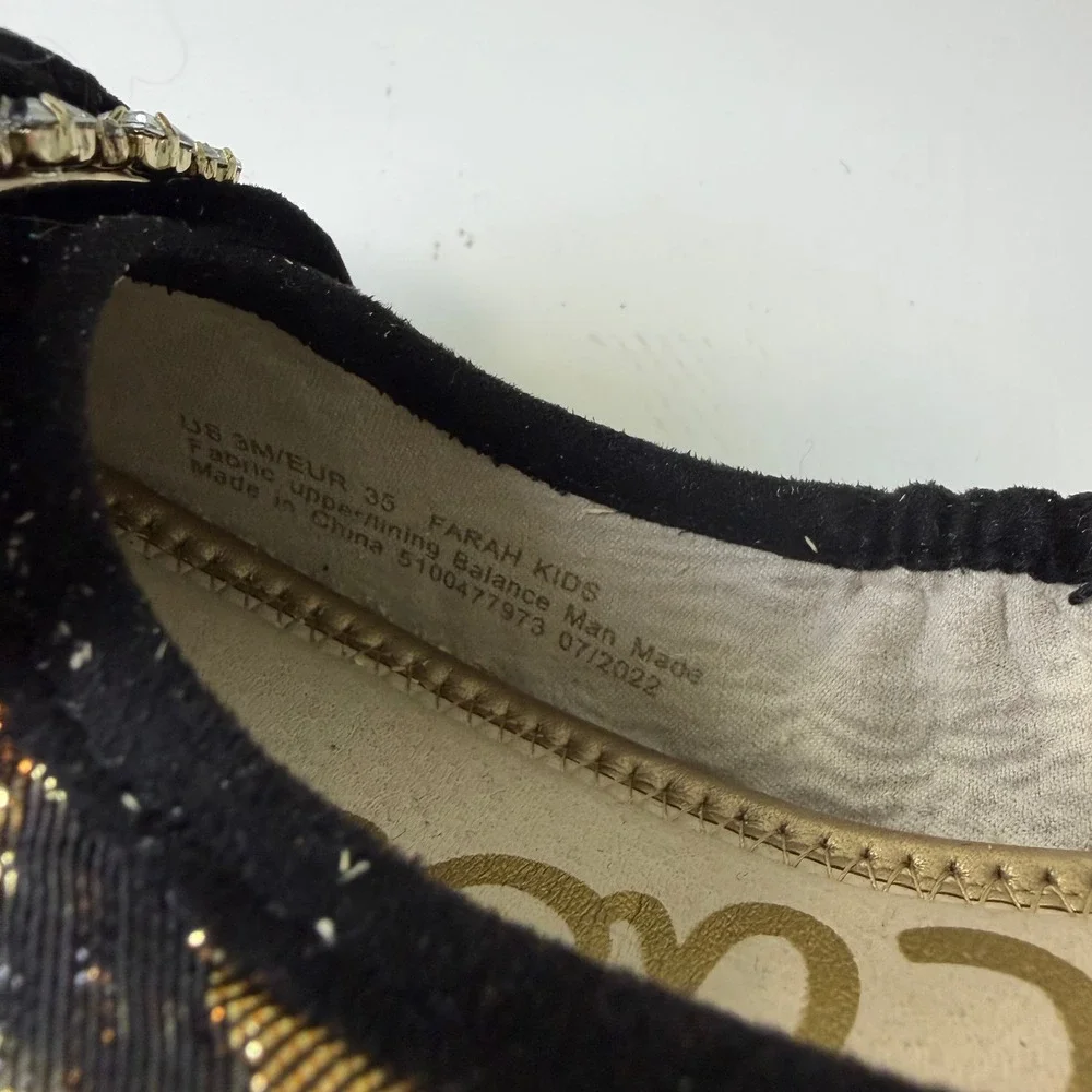 Sam Edelman Farah Kids Gold Floral Brocade Ballet Flats Velvet Bow Rhinestone 3M